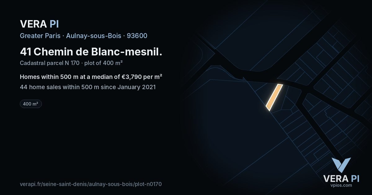 41 Chemin de Blanc-mesnil, Aulnay-sous-Bois at night – the plot lit, the parcels around coloured by the prices near them