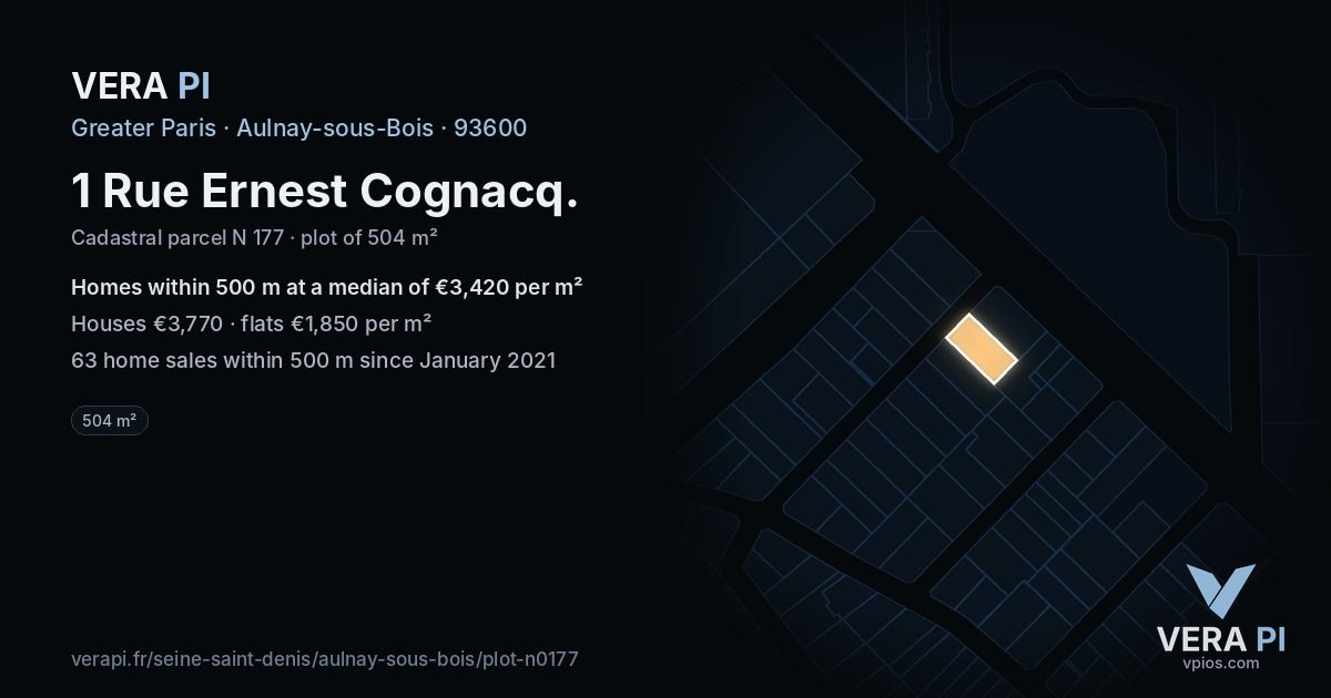 1 Rue Ernest Cognacq, Aulnay-sous-Bois at night – the plot lit, the parcels around coloured by the prices near them