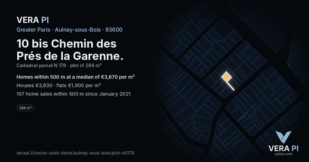 10 bis Chemin des Prés de la Garenne, Aulnay-sous-Bois at night – the plot lit, the parcels around coloured by the prices near them