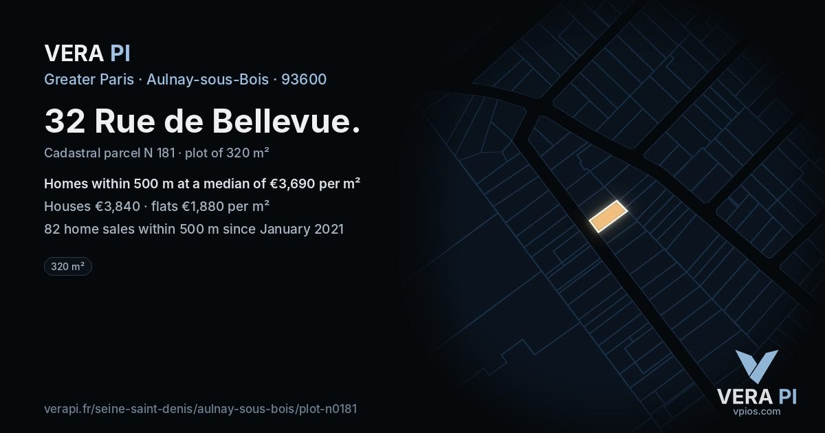 32 Rue de Bellevue, Aulnay-sous-Bois at night – the plot lit, the parcels around coloured by the prices near them