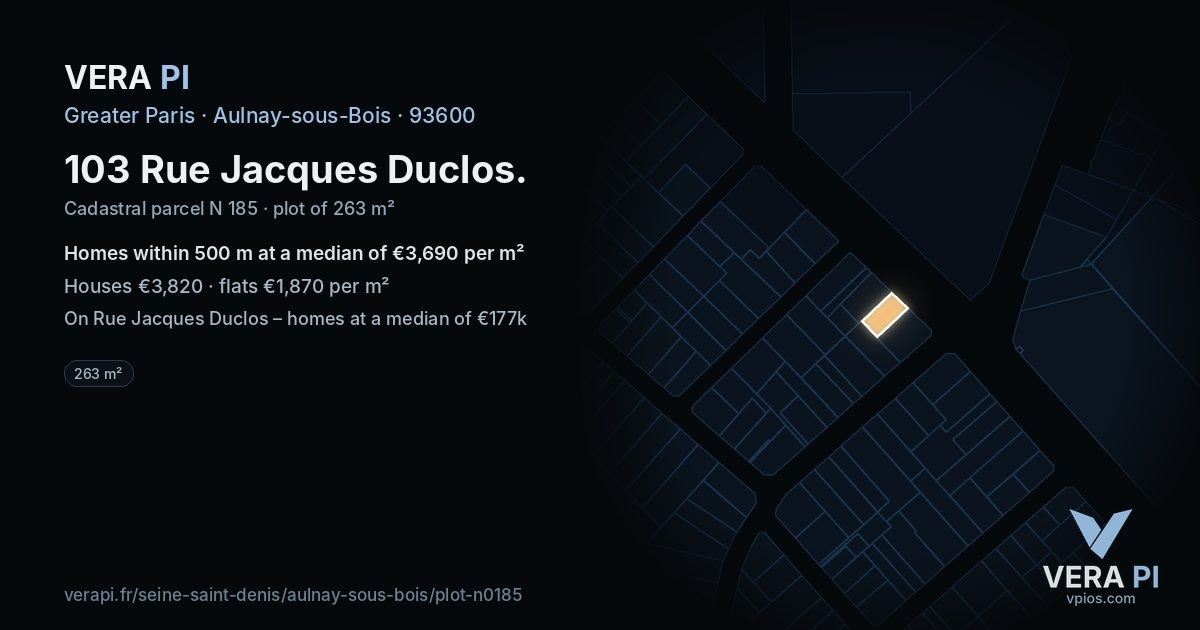 103 Rue Jacques Duclos, Aulnay-sous-Bois at night – the plot lit, the parcels around coloured by the prices near them