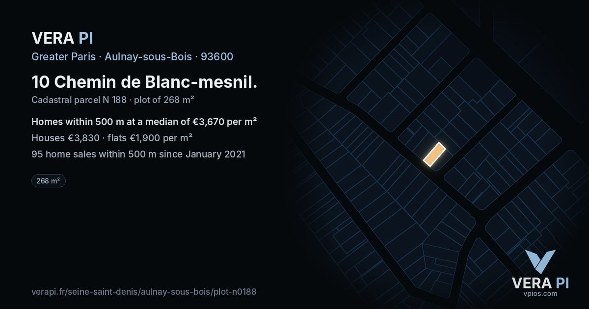 10 Chemin de Blanc-mesnil, Aulnay-sous-Bois at night – the plot lit, the parcels around coloured by the prices near them