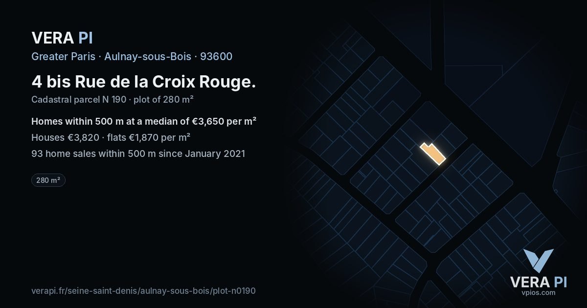 4 bis Rue de la Croix Rouge, Aulnay-sous-Bois at night – the plot lit, the parcels around coloured by the prices near them