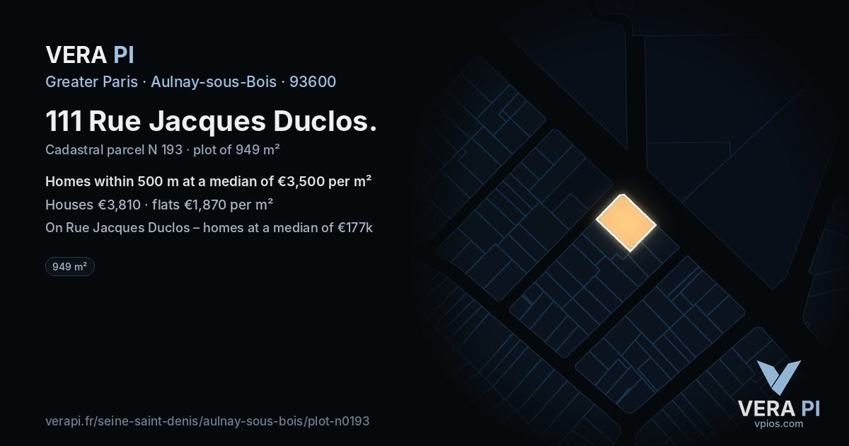 111 Rue Jacques Duclos, Aulnay-sous-Bois at night – the plot lit, the parcels around coloured by the prices near them