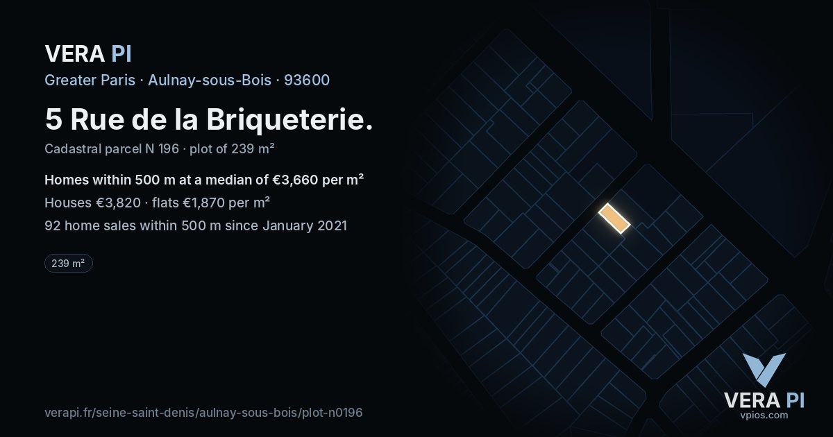 5 Rue de la Briqueterie, Aulnay-sous-Bois at night – the plot lit, the parcels around coloured by the prices near them
