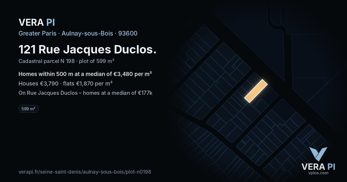 121 Rue Jacques Duclos, Aulnay-sous-Bois at night – the plot lit, the parcels around coloured by the prices near them
