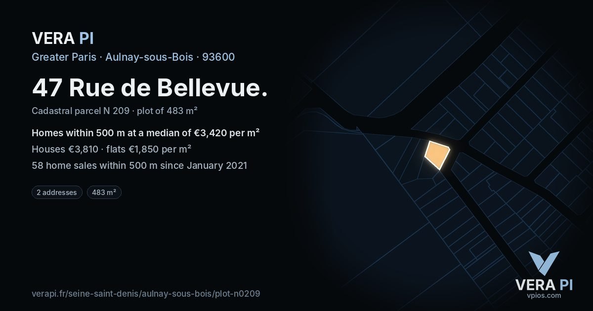 47 Rue de Bellevue, Aulnay-sous-Bois at night – the plot lit, the parcels around coloured by the prices near them