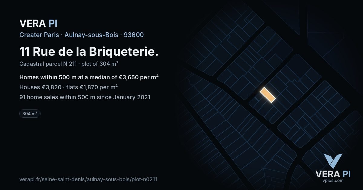11 Rue de la Briqueterie, Aulnay-sous-Bois at night – the plot lit, the parcels around coloured by the prices near them