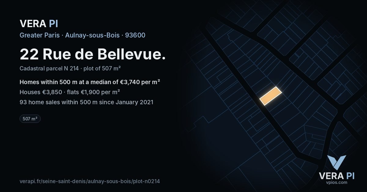 22 Rue de Bellevue, Aulnay-sous-Bois at night – the plot lit, the parcels around coloured by the prices near them