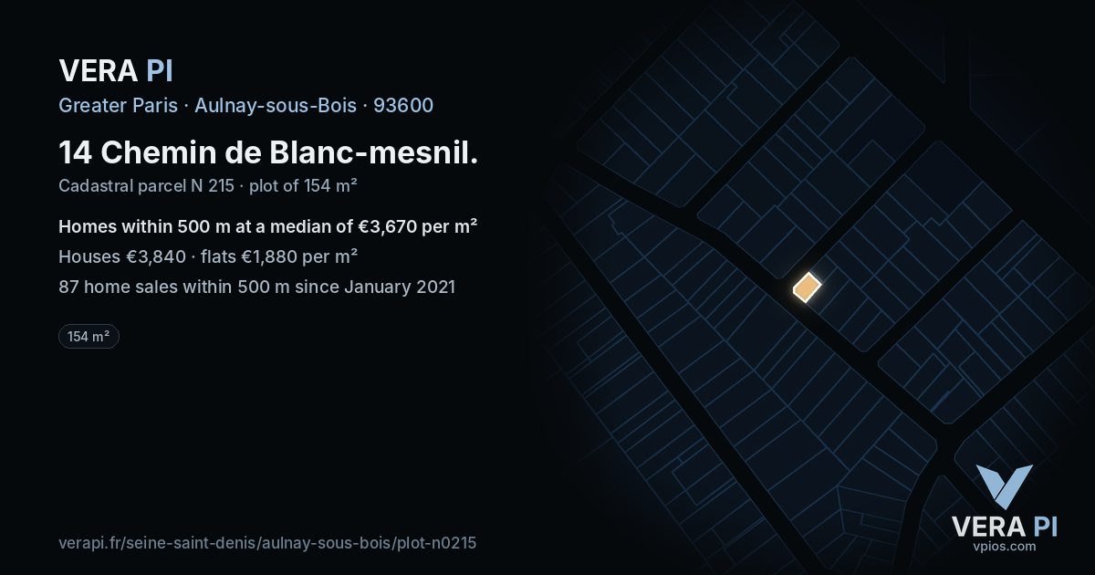 14 Chemin de Blanc-mesnil, Aulnay-sous-Bois at night – the plot lit, the parcels around coloured by the prices near them