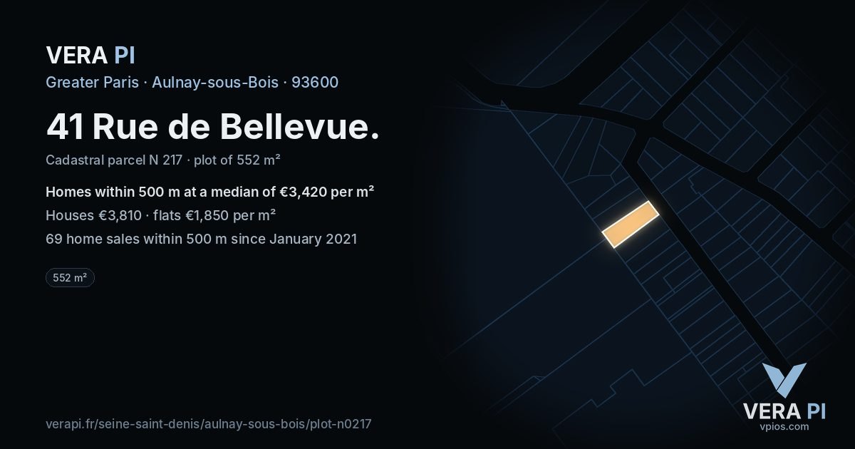 41 Rue de Bellevue, Aulnay-sous-Bois at night – the plot lit, the parcels around coloured by the prices near them