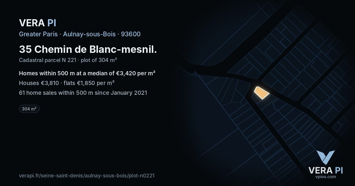 35 Chemin de Blanc-mesnil, Aulnay-sous-Bois at night – the plot lit, the parcels around coloured by the prices near them