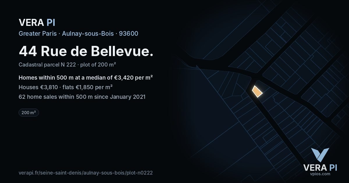 44 Rue de Bellevue, Aulnay-sous-Bois at night – the plot lit, the parcels around coloured by the prices near them