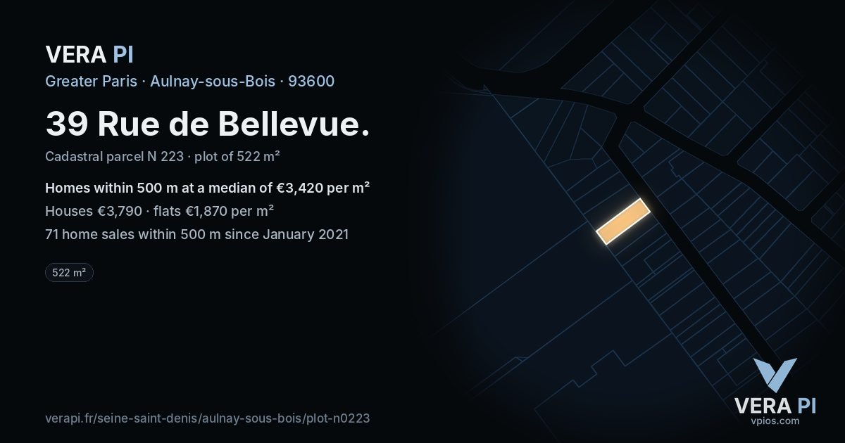 39 Rue de Bellevue, Aulnay-sous-Bois at night – the plot lit, the parcels around coloured by the prices near them