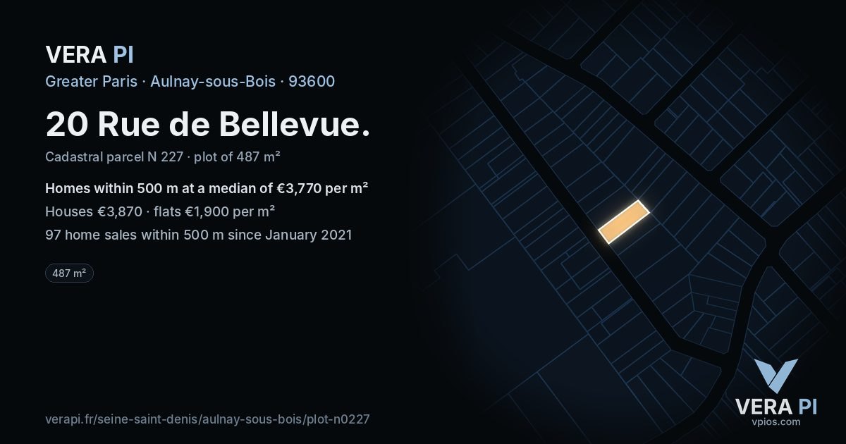20 Rue de Bellevue, Aulnay-sous-Bois at night – the plot lit, the parcels around coloured by the prices near them