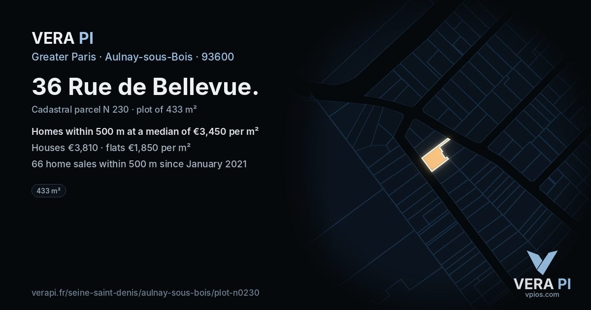 36 Rue de Bellevue, Aulnay-sous-Bois at night – the plot lit, the parcels around coloured by the prices near them