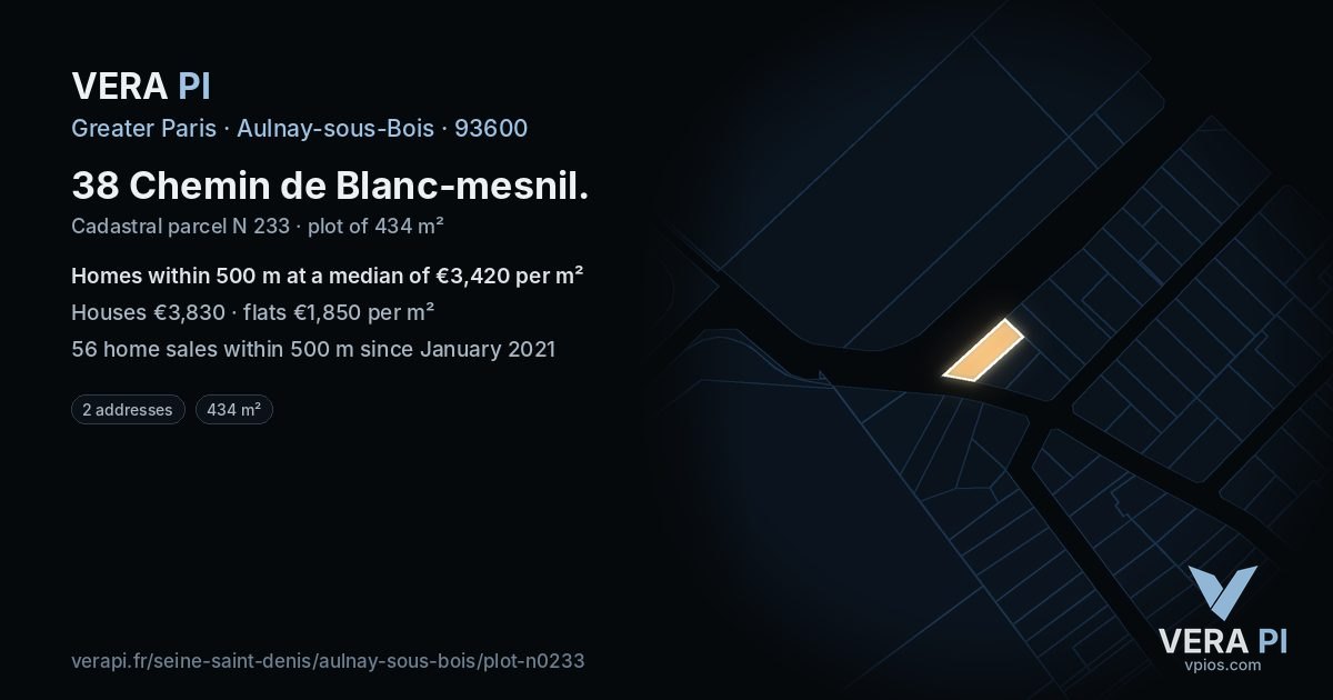 38 Chemin de Blanc-mesnil, Aulnay-sous-Bois at night – the plot lit, the parcels around coloured by the prices near them