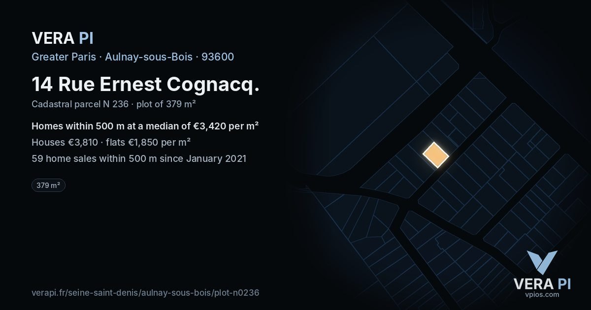 14 Rue Ernest Cognacq, Aulnay-sous-Bois at night – the plot lit, the parcels around coloured by the prices near them