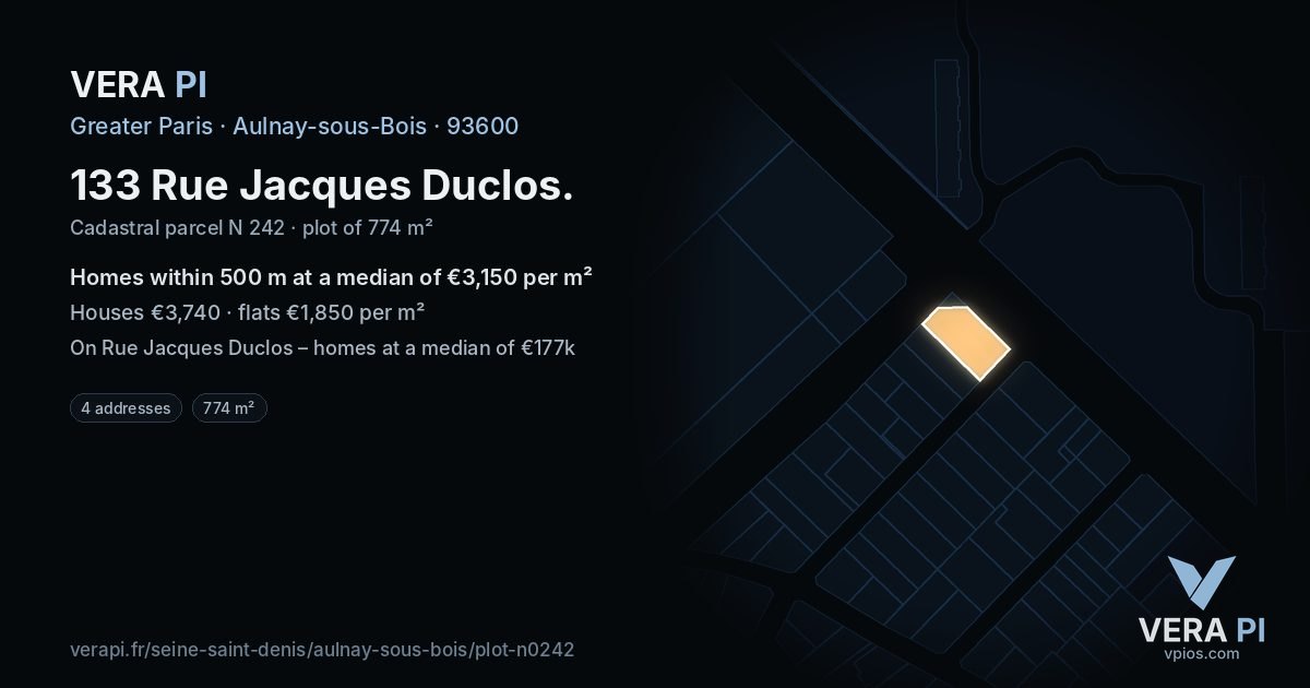 133 Rue Jacques Duclos, Aulnay-sous-Bois at night – the plot lit, the parcels around coloured by the prices near them