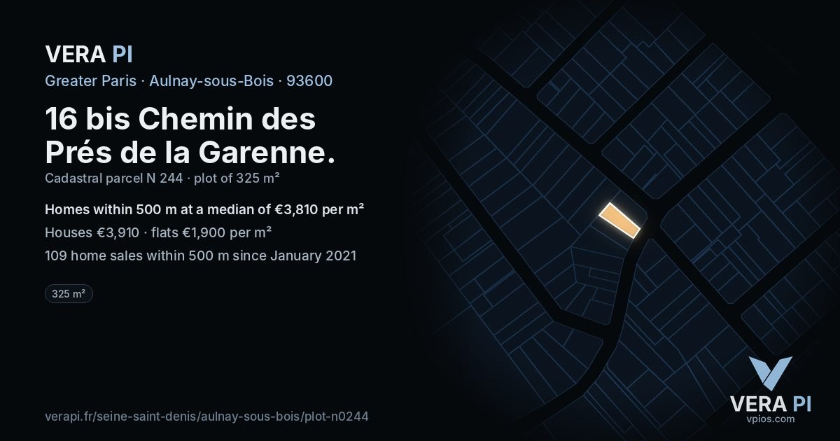 16 bis Chemin des Prés de la Garenne, Aulnay-sous-Bois at night – the plot lit, the parcels around coloured by the prices near them