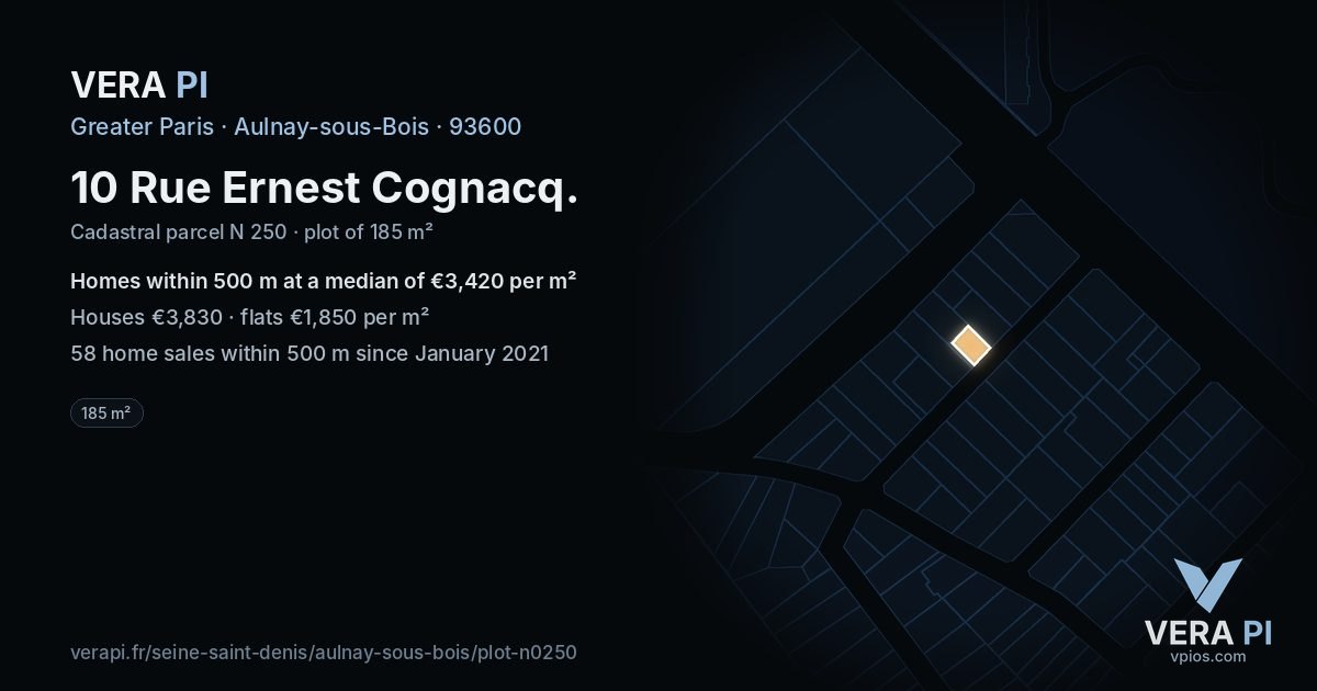 10 Rue Ernest Cognacq, Aulnay-sous-Bois at night – the plot lit, the parcels around coloured by the prices near them