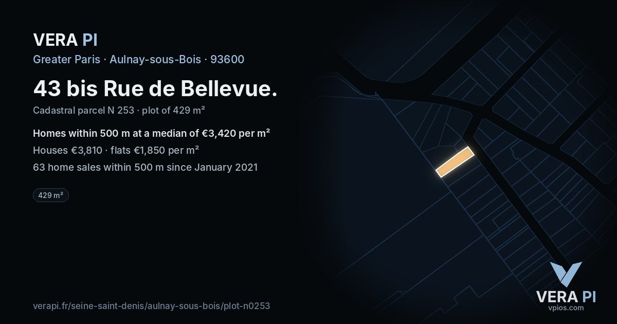 43 bis Rue de Bellevue, Aulnay-sous-Bois at night – the plot lit, the parcels around coloured by the prices near them