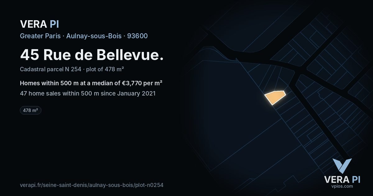45 Rue de Bellevue, Aulnay-sous-Bois at night – the plot lit, the parcels around coloured by the prices near them
