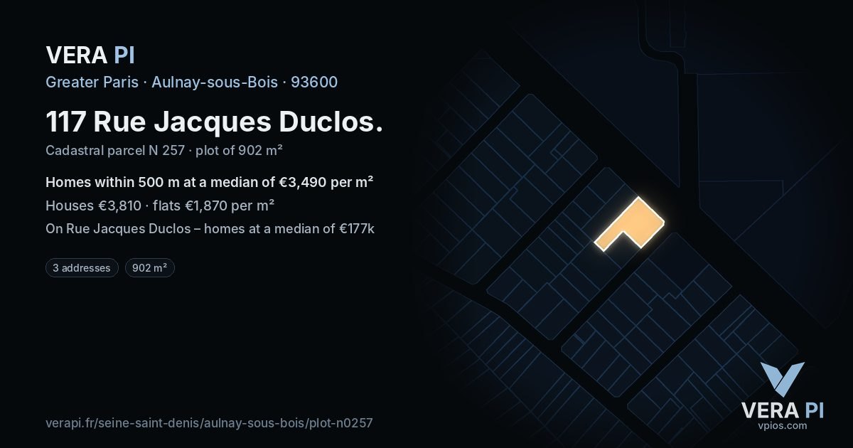 117 Rue Jacques Duclos, Aulnay-sous-Bois at night – the plot lit, the parcels around coloured by the prices near them
