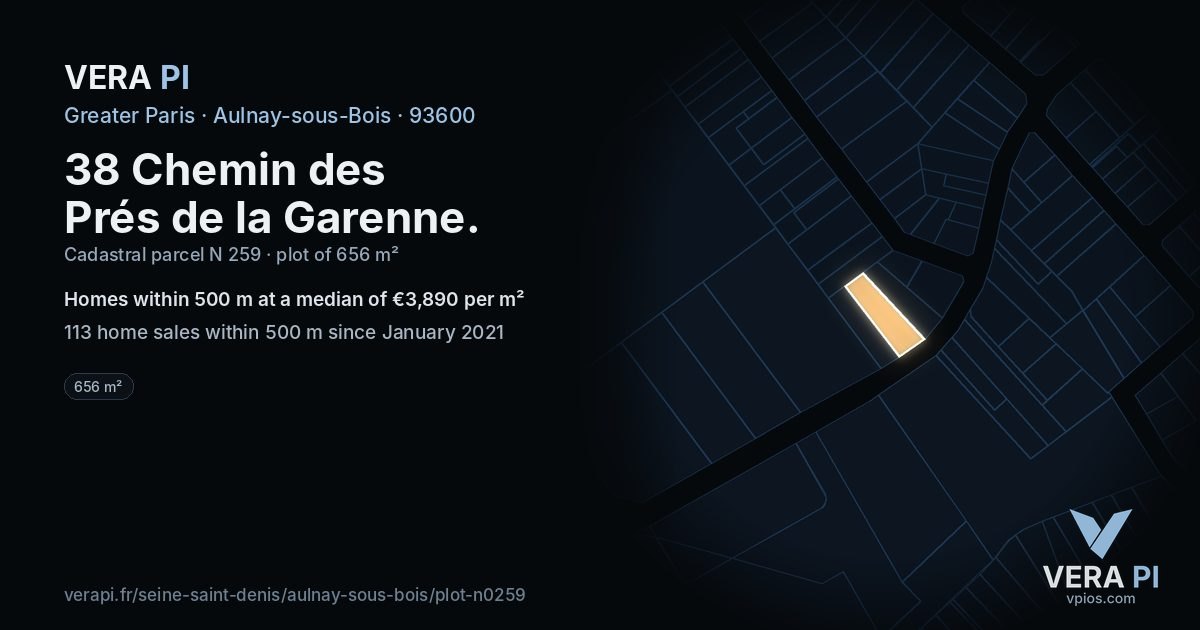 38 Chemin des Prés de la Garenne, Aulnay-sous-Bois at night – the plot lit, the parcels around coloured by the prices near them