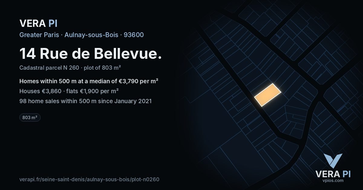 14 Rue de Bellevue, Aulnay-sous-Bois at night – the plot lit, the parcels around coloured by the prices near them