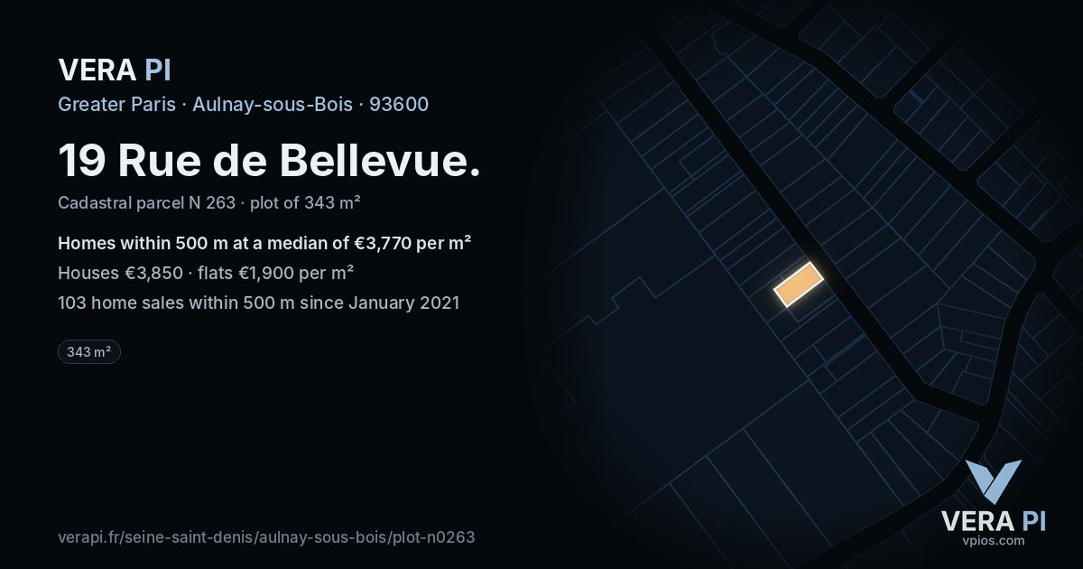 19 Rue de Bellevue, Aulnay-sous-Bois at night – the plot lit, the parcels around coloured by the prices near them