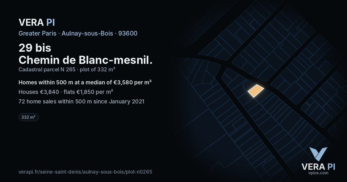 29 bis Chemin de Blanc-mesnil, Aulnay-sous-Bois at night – the plot lit, the parcels around coloured by the prices near them