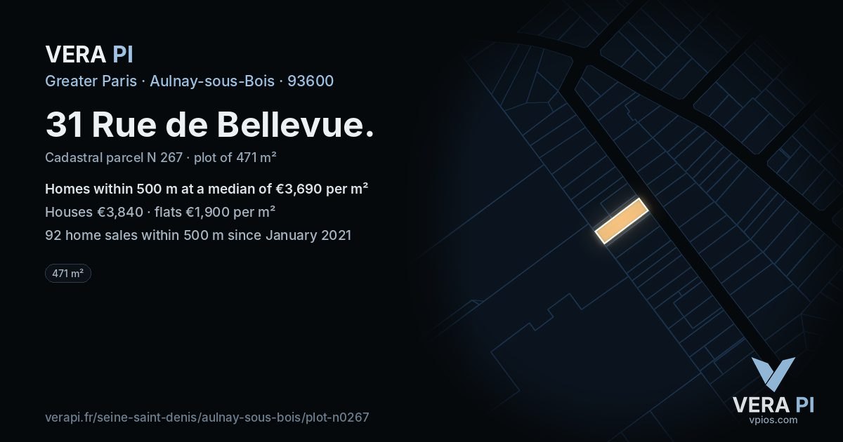 31 Rue de Bellevue, Aulnay-sous-Bois at night – the plot lit, the parcels around coloured by the prices near them