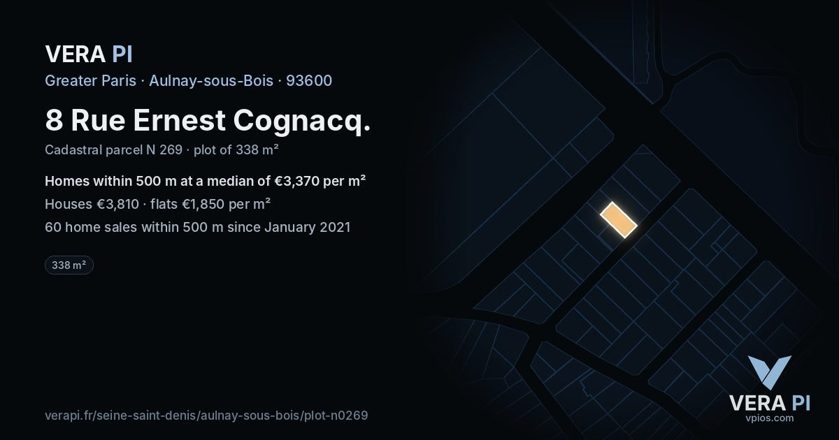 8 Rue Ernest Cognacq, Aulnay-sous-Bois at night – the plot lit, the parcels around coloured by the prices near them
