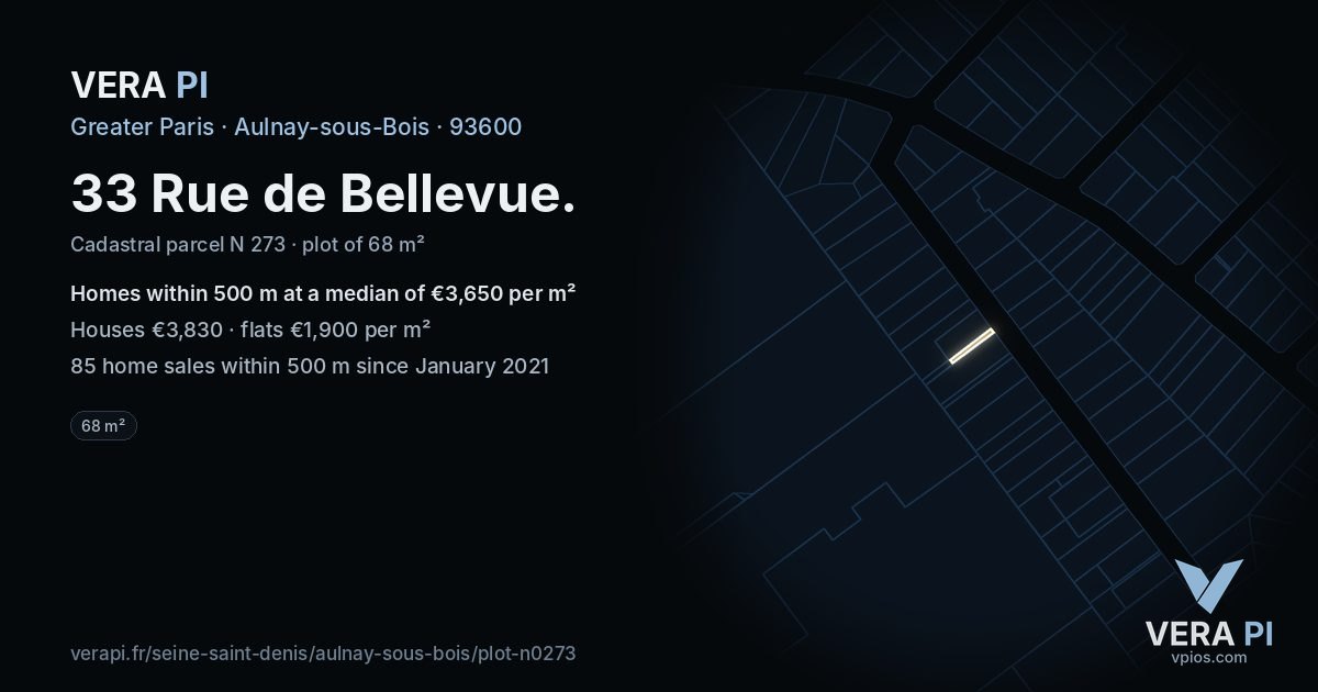 33 Rue de Bellevue, Aulnay-sous-Bois at night – the plot lit, the parcels around coloured by the prices near them