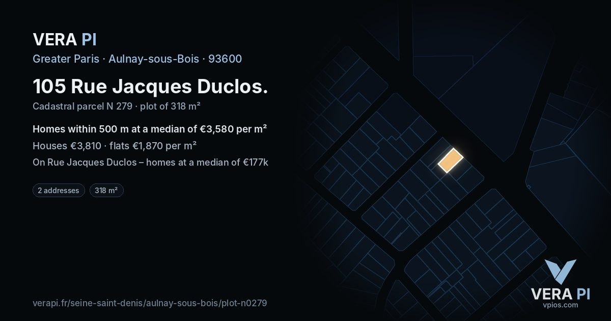 105 Rue Jacques Duclos, Aulnay-sous-Bois at night – the plot lit, the parcels around coloured by the prices near them