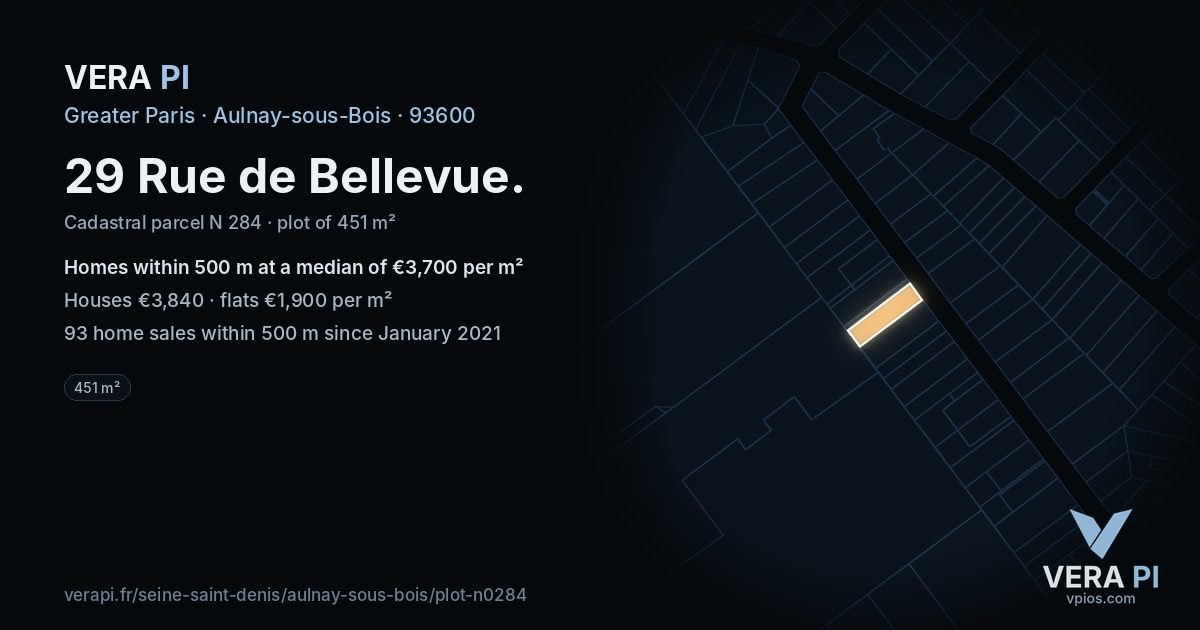 29 Rue de Bellevue, Aulnay-sous-Bois at night – the plot lit, the parcels around coloured by the prices near them