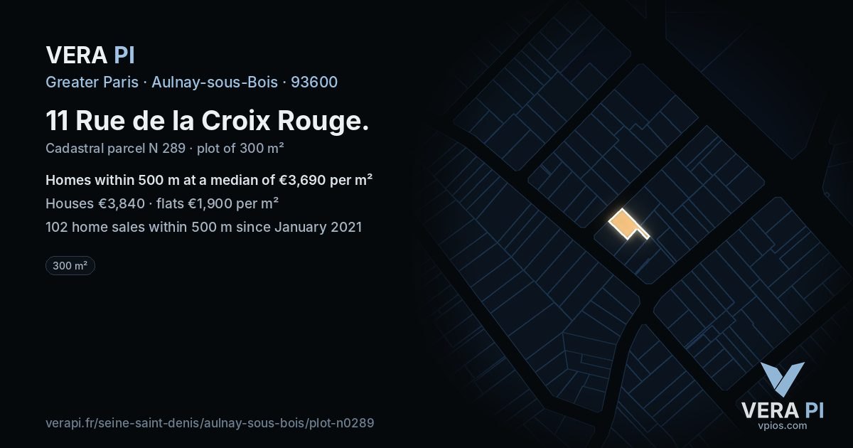 11 Rue de la Croix Rouge, Aulnay-sous-Bois at night – the plot lit, the parcels around coloured by the prices near them