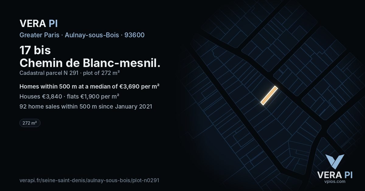 17 bis Chemin de Blanc-mesnil, Aulnay-sous-Bois at night – the plot lit, the parcels around coloured by the prices near them