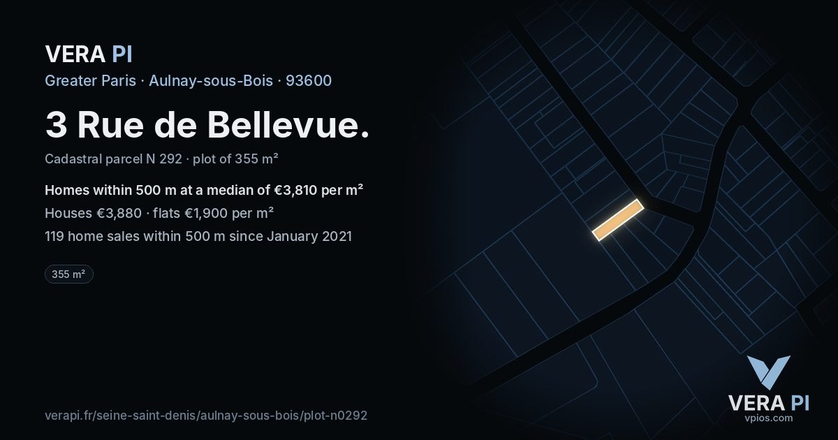 3 Rue de Bellevue, Aulnay-sous-Bois at night – the plot lit, the parcels around coloured by the prices near them