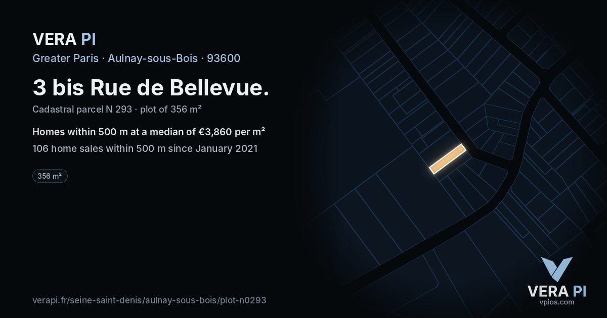 3 bis Rue de Bellevue, Aulnay-sous-Bois at night – the plot lit, the parcels around coloured by the prices near them