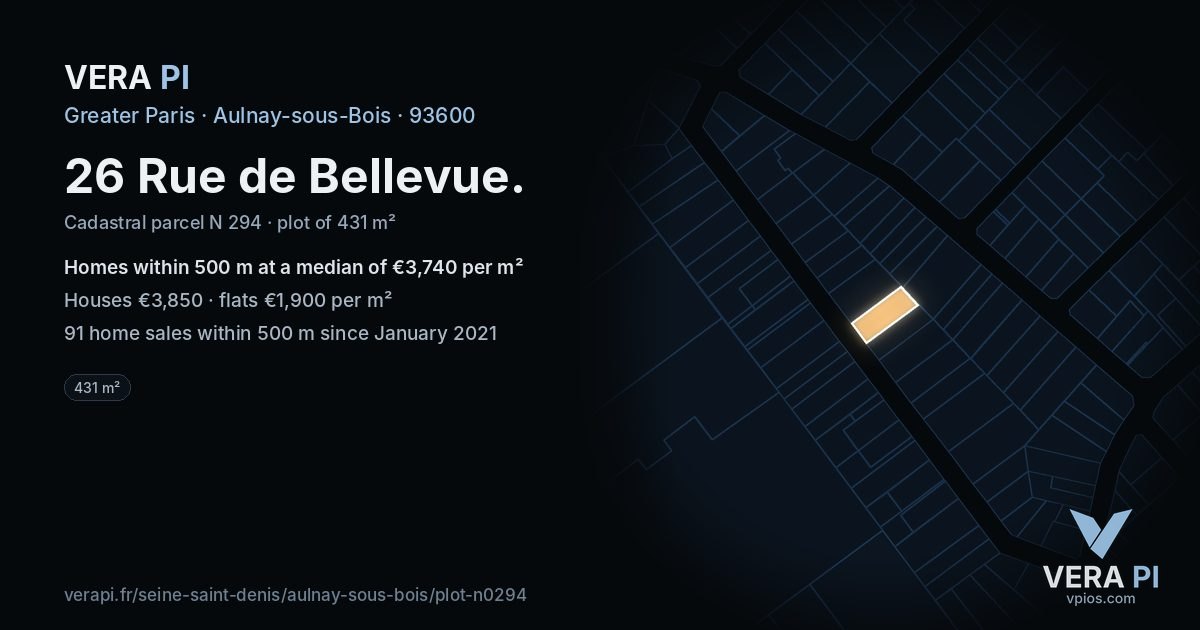 26 Rue de Bellevue, Aulnay-sous-Bois at night – the plot lit, the parcels around coloured by the prices near them