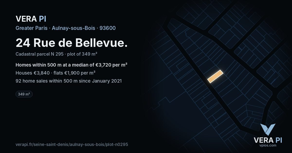 24 Rue de Bellevue, Aulnay-sous-Bois at night – the plot lit, the parcels around coloured by the prices near them