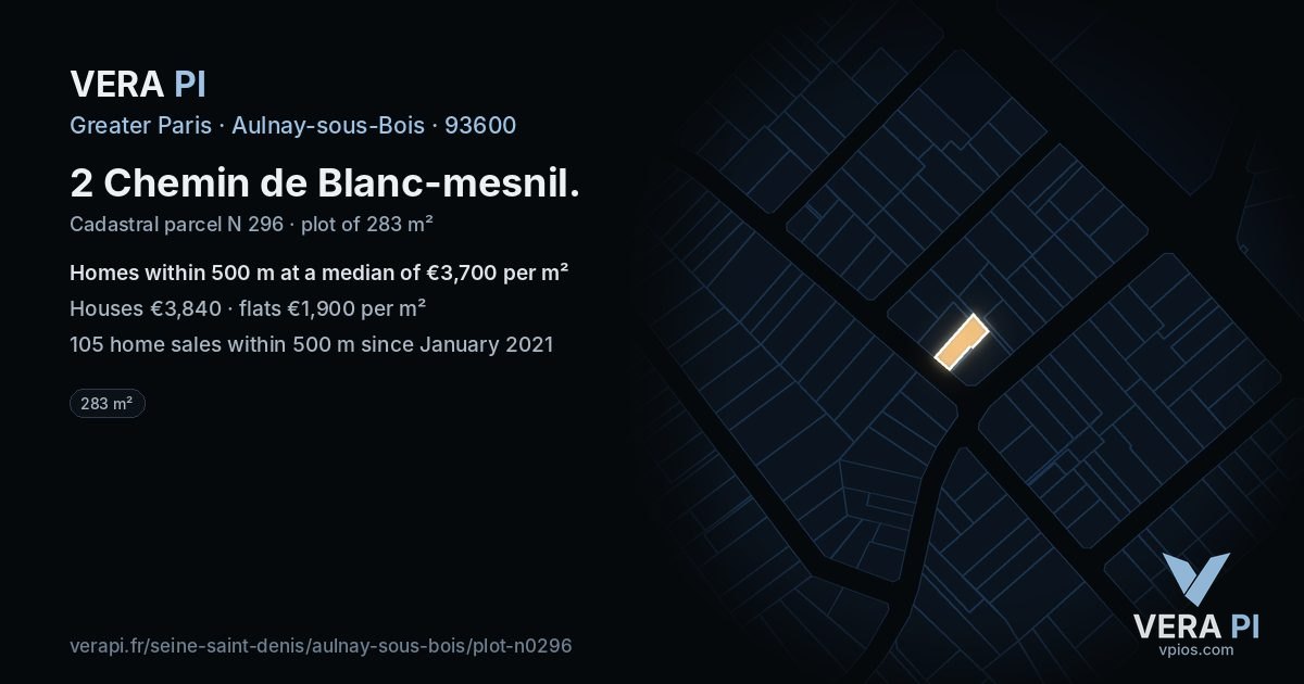2 Chemin de Blanc-mesnil, Aulnay-sous-Bois at night – the plot lit, the parcels around coloured by the prices near them