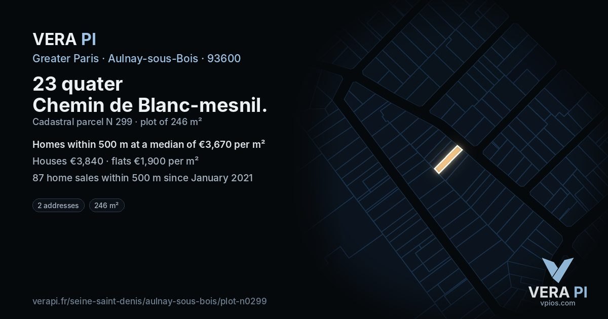 23 quater Chemin de Blanc-mesnil, Aulnay-sous-Bois at night – the plot lit, the parcels around coloured by the prices near them