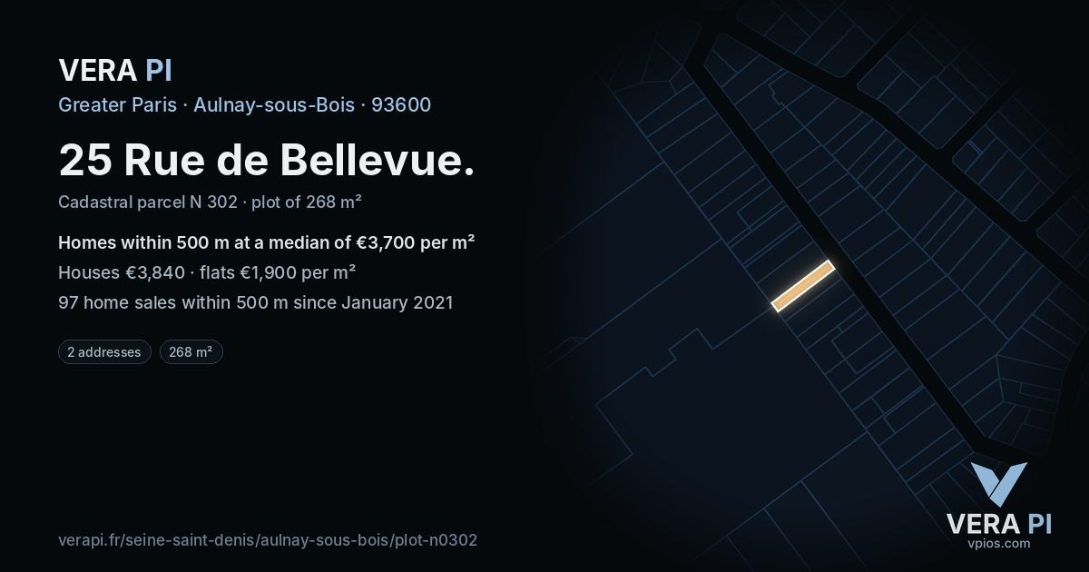 25 Rue de Bellevue, Aulnay-sous-Bois at night – the plot lit, the parcels around coloured by the prices near them