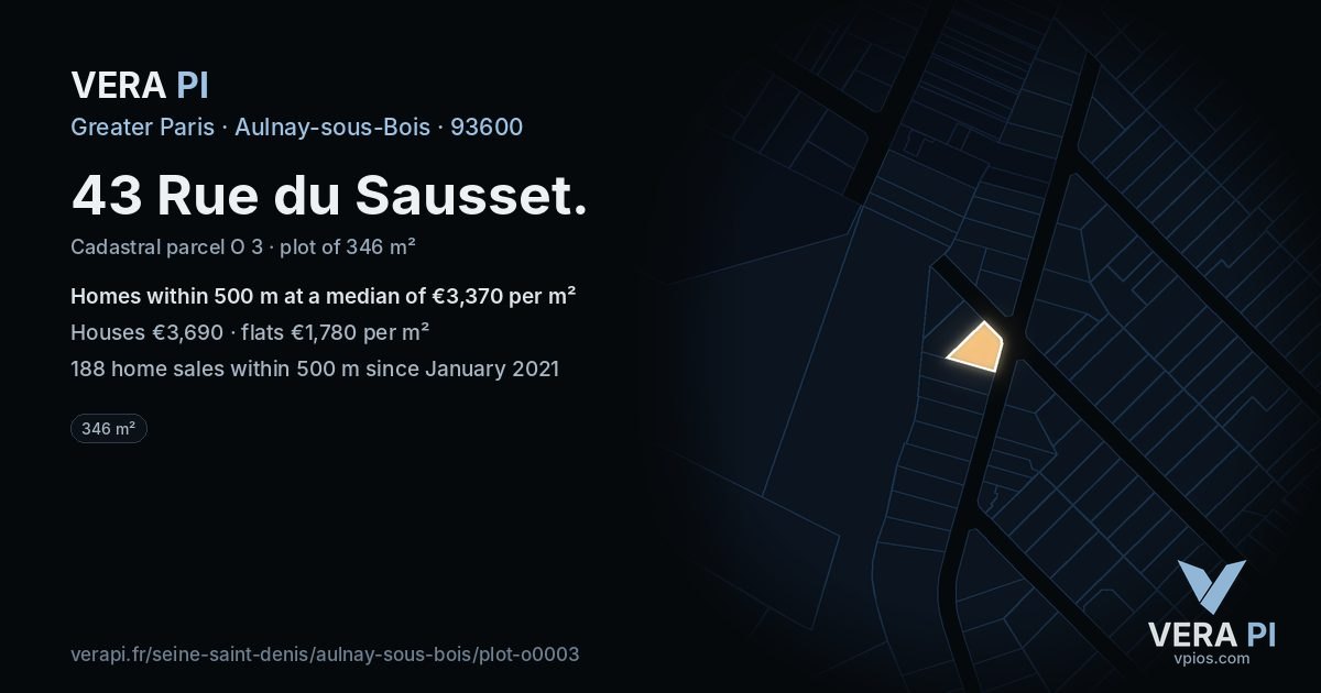 43 Rue du Sausset, Aulnay-sous-Bois at night – the plot lit, the parcels around coloured by the prices near them