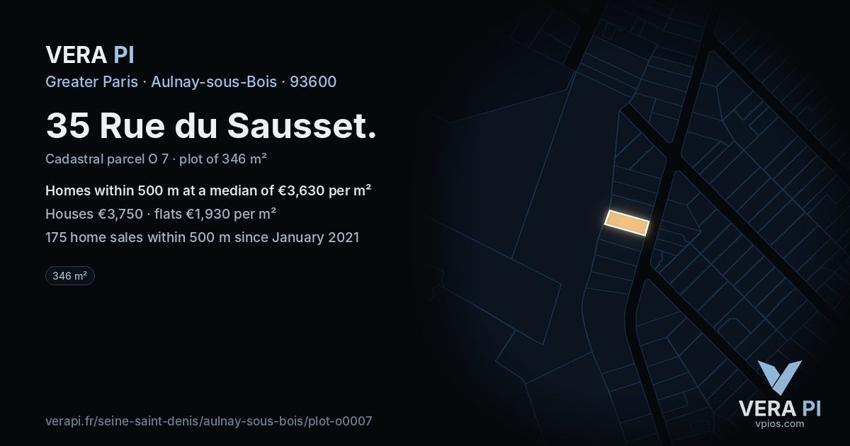 35 Rue du Sausset, Aulnay-sous-Bois at night – the plot lit, the parcels around coloured by the prices near them