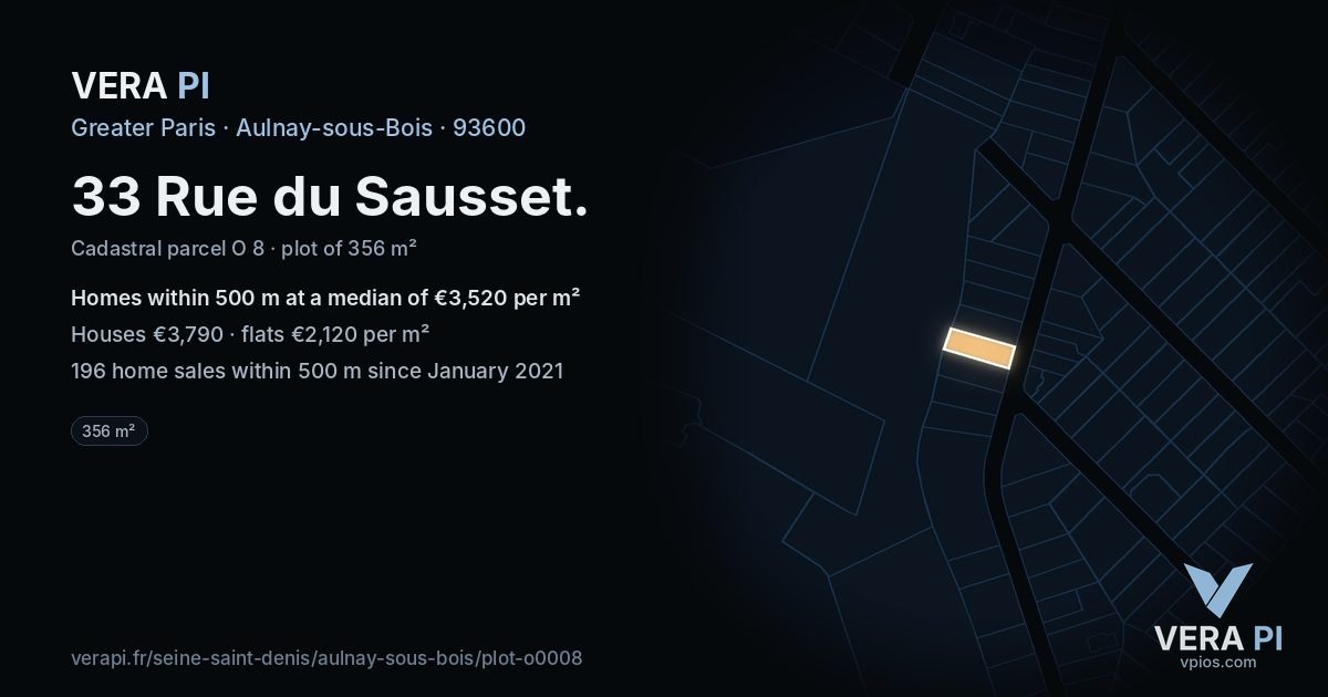 33 Rue du Sausset, Aulnay-sous-Bois at night – the plot lit, the parcels around coloured by the prices near them