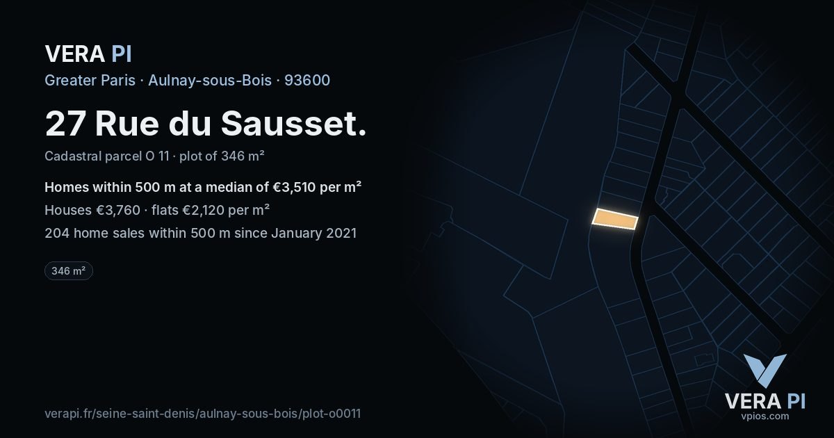 27 Rue du Sausset, Aulnay-sous-Bois at night – the plot lit, the parcels around coloured by the prices near them
